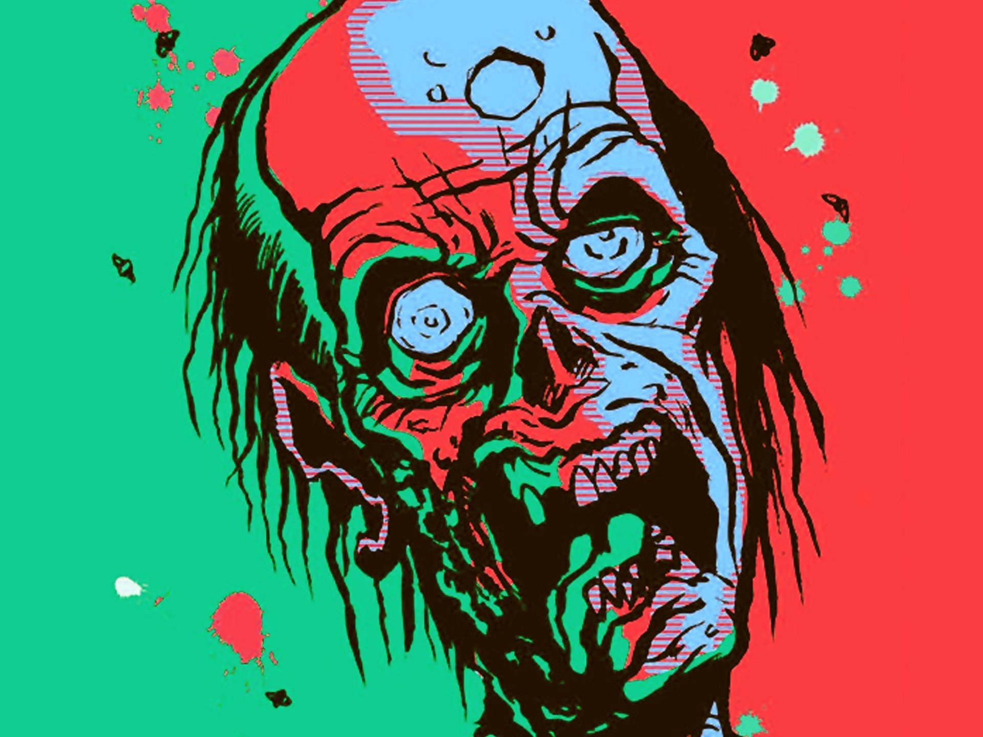 HD PC desktop wallpaper depicting a dark, eerie zombie with hollow eyes and decaying flesh against a vibrant red background.