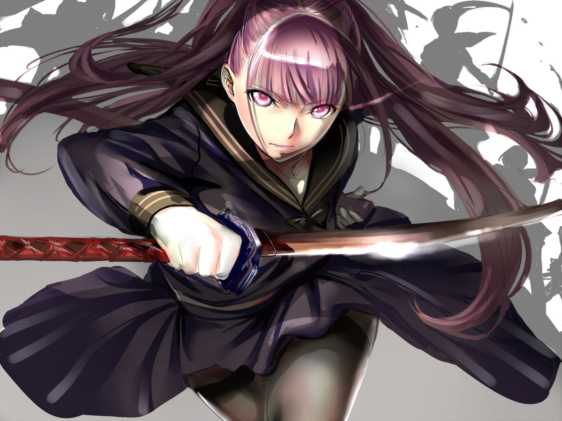A fierce anime character from Black Bullet in a school uniform wields a katana, showcasing purple hair and pink eyes, set against a dynamic background. 