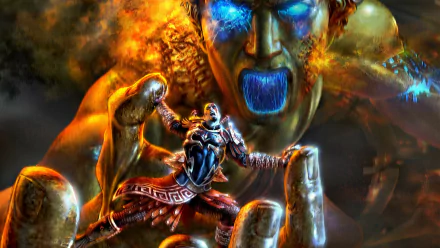 HD desktop wallpaper and background featuring intense artwork from the video game God of War II, depicting a powerful scene with a character fighting a giant, glowing creature.