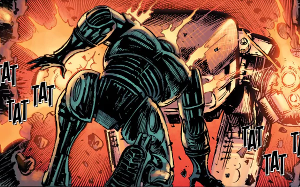 HD PC desktop wallpaper featuring a dynamic comic-style RoboCop in action, surrounded by fiery explosions and intense gunfire effects.