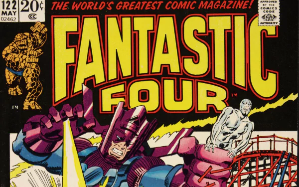 HD desktop wallpaper featuring Marvel Comics' Fantastic Four with Thing, Silver Surfer, and Galactus in a dynamic comic cover style.