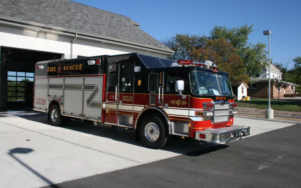 A Pierce fire truck parked outside a fire station, captured in sharp detail for a 4K Ultra HD PC desktop wallpaper.
