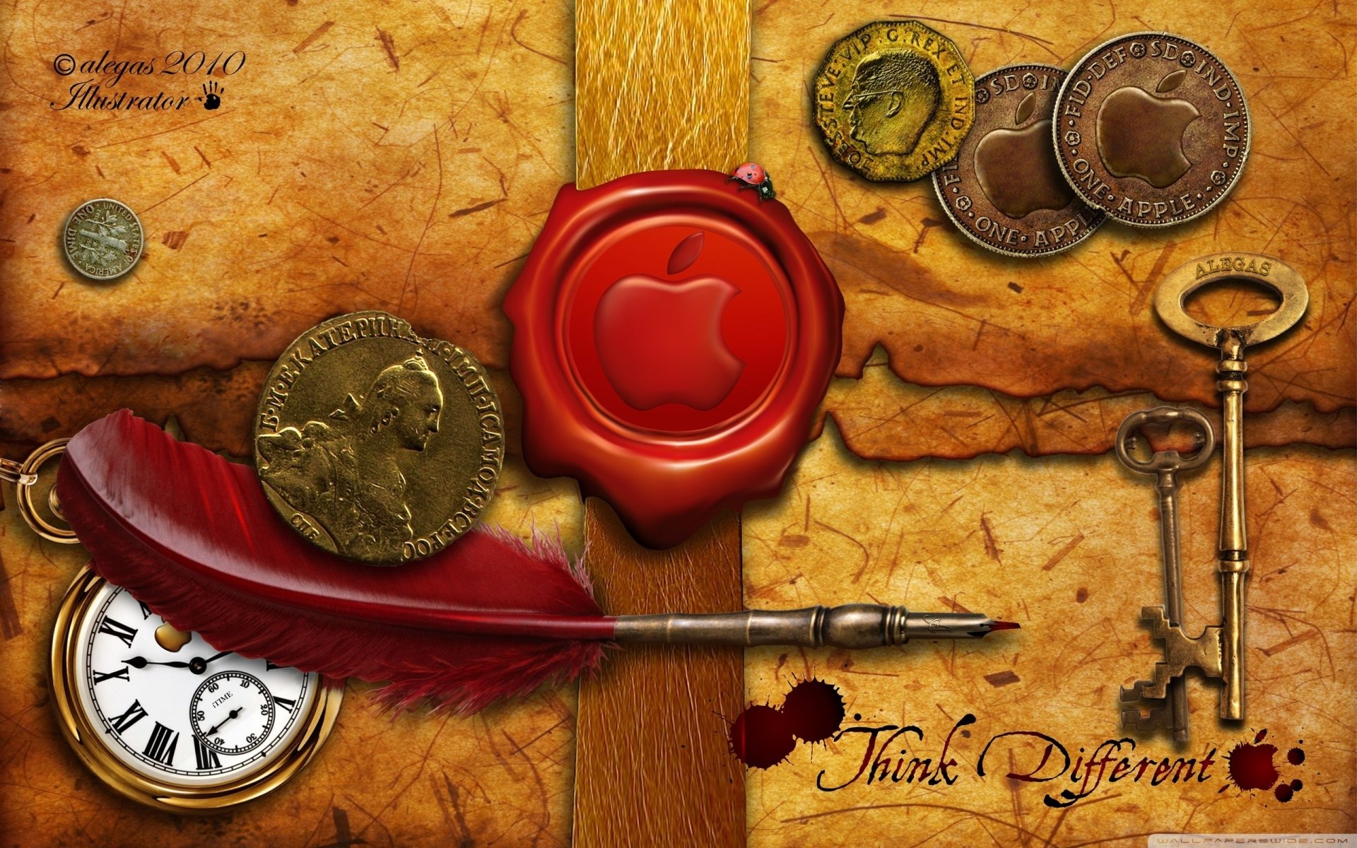 A visually striking HD desktop wallpaper featuring the Apple Inc. logo amidst vintage elements like coins, keys, and a feather quill, embodying a theme of innovation and creativity.