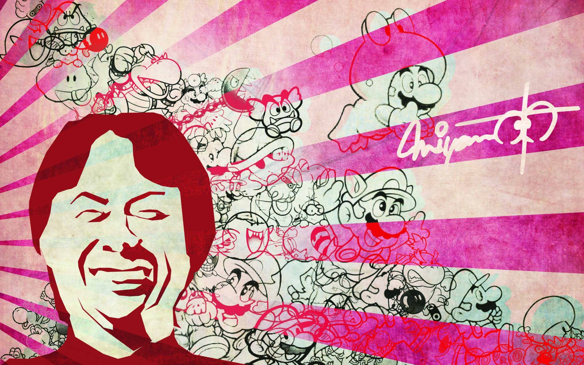 HD desktop wallpaper featuring a stylized illustration of Shigeru Miyamoto with iconic video game characters in the background.