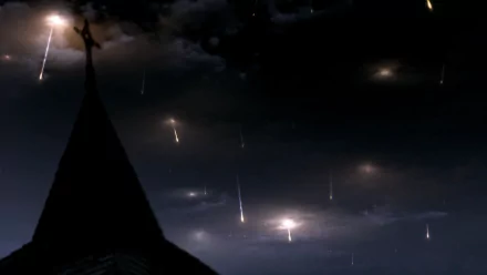 HD desktop wallpaper featuring a mysterious night sky with falling lights, inspired by the TV show Supernatural, with a silhouette of a church steeple and an angel atop.
