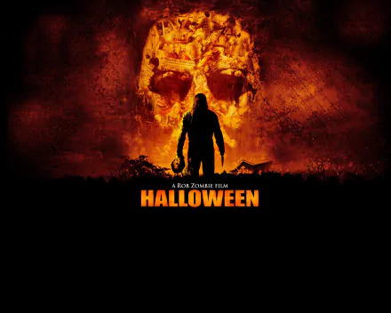 HD PC desktop wallpaper featuring a dark silhouette of Michael Myers with a fiery skull background from the 2007 horror movie Halloween.