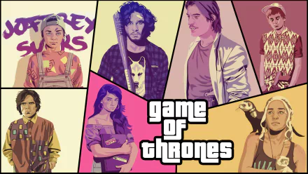 HD desktop wallpaper featuring stylized portraits of Joffrey Baratheon, Daenerys Targaryen, Jaime Lannister, Sansa Stark, Jon Snow, Tyrion Lannister, and Arya Stark from Game of Thrones.