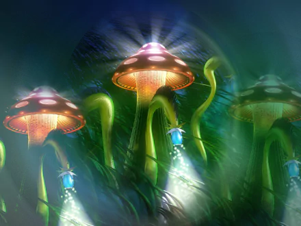 A vibrant fantasy scene featuring glowing mushrooms surrounded by whimsical green tendrils, creating an enchanting atmosphere for a HD PC desktop wallpaper.
