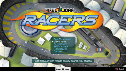 HD PC desktop wallpaper featuring the PixelJunk Racers video game logo over a vibrant pixel junk racing track from the quick race mode.