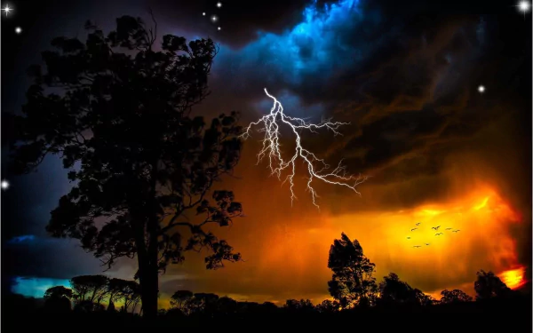 HD desktop wallpaper featuring a dramatic scene with vibrant lightning striking amidst a colorful sky, silhouetted trees, and illuminated clouds.
