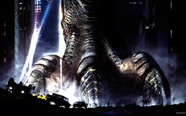 HD PC desktop wallpaper showing Godzilla's massive foot crushing a cityscape, inspired by the 1998 TriStar movie Godzilla.