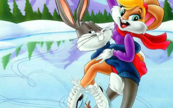 Lola Bunny and Bugs Bunny ice skating in a snowy landscape, showcasing their playful dynamic from the beloved TV show Looney Tunes. Bright colors make this HD desktop wallpaper vibrant.