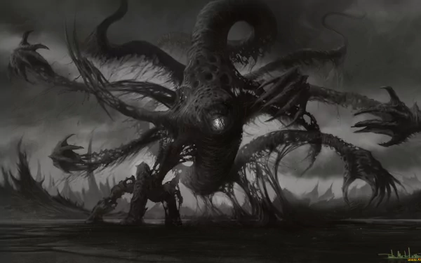 HD PC desktop wallpaper showcasing a dark, menacing multi-armed creature from the video game Rift in a shadowy, eerie landscape.
