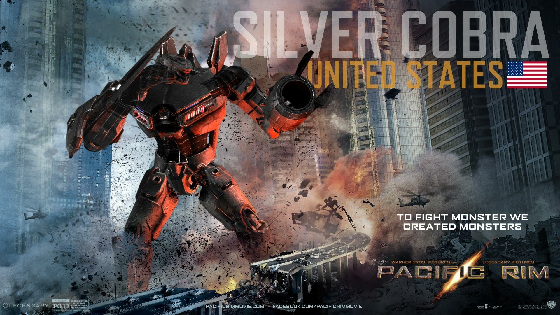 HD wallpaper featuring a giant robot from the movie Pacific Rim, labeled Silver Cobra, United States, set against a cityscape with a dramatic background.