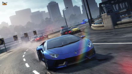 HD desktop wallpaper of Need For Speed: Most Wanted featuring a high-speed car chase with a blue sports car leading the race against a backdrop of skyscrapers and police cars in pursuit.