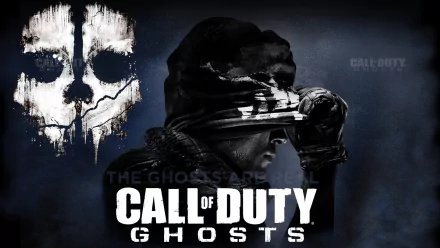 A striking HD wallpaper featuring imagery from Call of Duty: Ghosts, showcasing a mysterious soldier and the iconic skull logo against a dark backdrop.