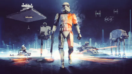 A dynamic Star Wars scene featuring a clone trooper marching forward alongside AT-AT Walkers and a Star Destroyer, set against a sci-fi backdrop from Star Wars Battlefront (2015).