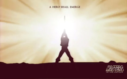 HD desktop wallpaper featuring He-Man from the TV show He-Man and the Masters of the Universe, with the text A Hero Shall Emerge and a radiant background.