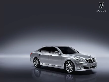 Silver Hyundai Equus sedan on a reflective surface against a gradient gray backdrop — HD PC desktop wallpaper showcasing the vehicle.