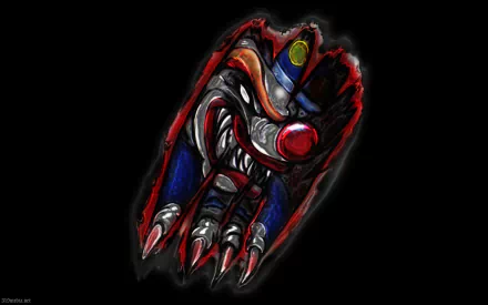 A dark, menacing clown monster bursts through a jagged wall, showcasing sharp claws and an eerie grin. This HD wallpaper captures the essence of Halloween horror.