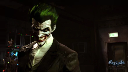 HD desktop wallpaper featuring the Joker from the video game Batman: Arkham Origins, displaying his trademark sinister grin in a dark, eerie environment.