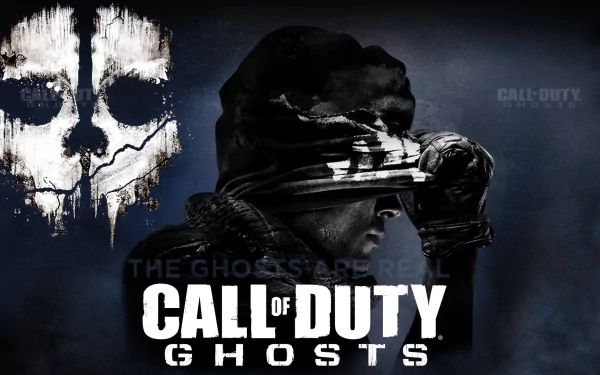 A striking HD wallpaper featuring imagery from Call of Duty: Ghosts, showcasing a mysterious soldier and the iconic skull logo against a dark backdrop.