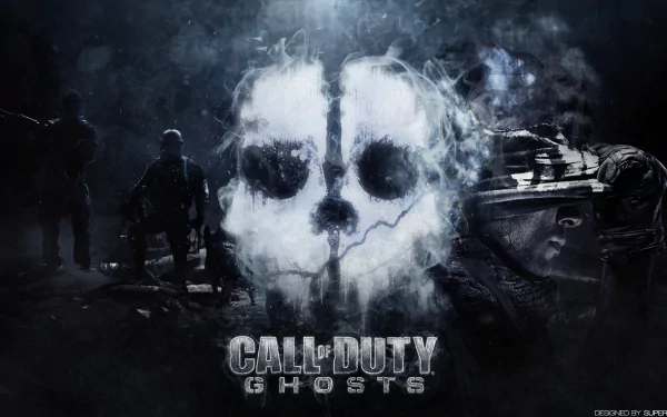 HD desktop wallpaper featuring the video game Call of Duty: Ghosts, with a prominent ghostly skull and soldier silhouettes in a dark, misty background.