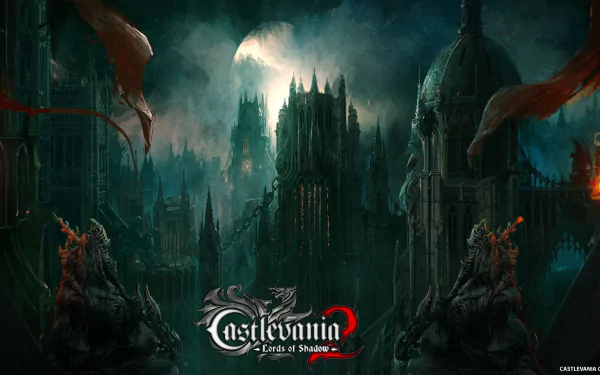 Dark gothic castle under a full moon with ominous clouds, featuring the Castlevania: Lords of Shadow 2 logo, designed as an HD PC desktop wallpaper.