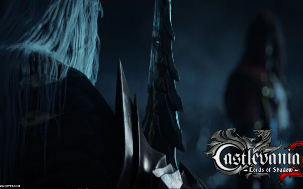 HD PC wallpaper from the video game Castlevania: Lords of Shadow 2 — a pale armored figure wields a spiked blade while confronting a cloaked silhouette in misty blue light.
