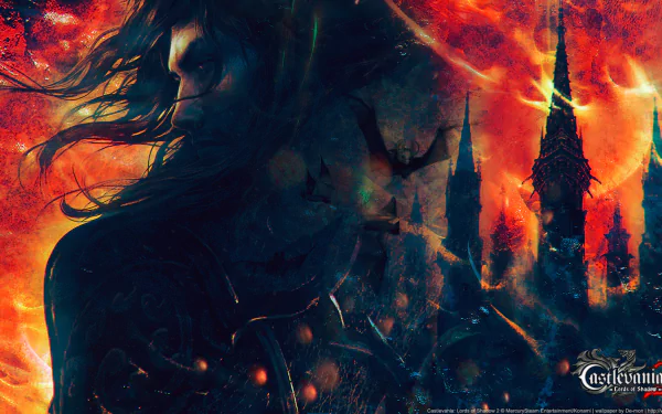 HD PC desktop wallpaper featuring a dark, fiery scene from the video game Castlevania: Lords of Shadow 2 with a mysterious figure and gothic castle spires.