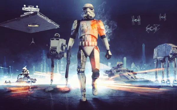 A dynamic Star Wars scene featuring a clone trooper marching forward alongside AT-AT Walkers and a Star Destroyer, set against a sci-fi backdrop from Star Wars Battlefront (2015).
