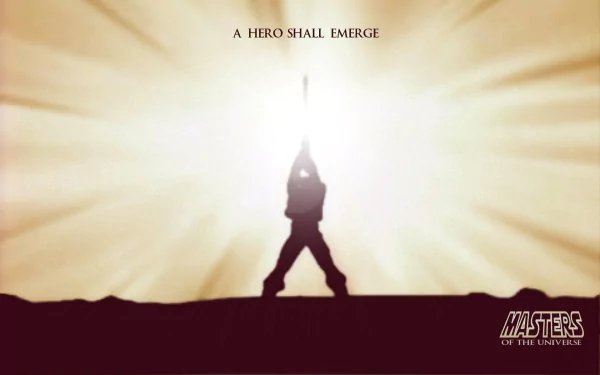 HD desktop wallpaper featuring He-Man from the TV show He-Man and the Masters of the Universe, with the text A Hero Shall Emerge and a radiant background.