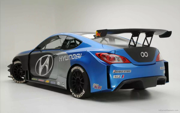 HD PC desktop wallpaper and background of a blue Hyundai Genesis vehicle, race-spec with a large rear wing, sponsor decals and wide wheels, shown in a three-quarter rear view on a white backdrop.