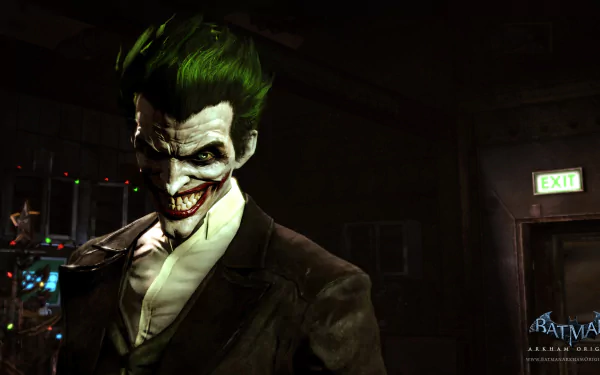 HD desktop wallpaper featuring the Joker from the video game Batman: Arkham Origins, displaying his trademark sinister grin in a dark, eerie environment.