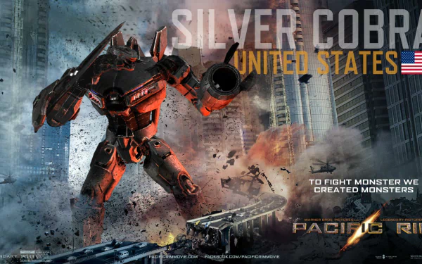 HD wallpaper featuring a giant robot from the movie Pacific Rim, labeled Silver Cobra, United States, set against a cityscape with a dramatic background.