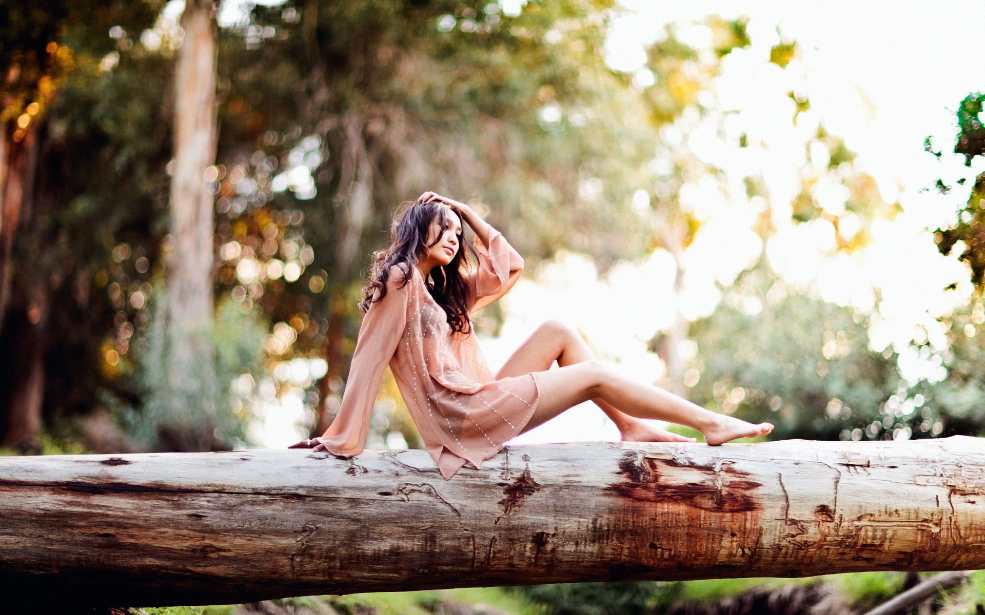 A serene HD desktop wallpaper featuring a model seated on a fallen tree trunk in a lush, sunlit forest background.