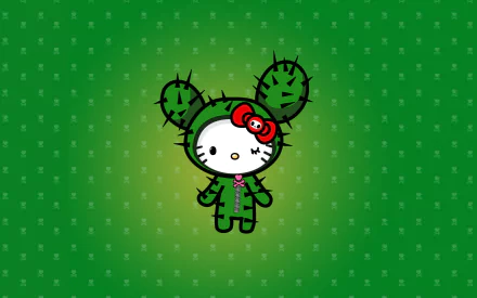 HD desktop wallpaper featuring a cactus-themed Hello Kitty character on a green background with a subtle star pattern.