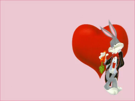 HD PC desktop wallpaper featuring Bugs Bunny from the Looney Tunes TV show, standing with a rose in front of a large red heart on a pink background.