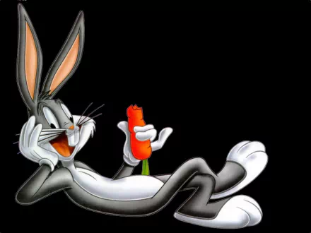 A vibrant HD wallpaper featuring Bugs Bunny from Looney Tunes, relaxing and holding a carrot, set against a sleek black background.