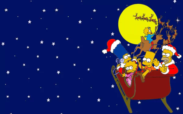 The Simpsons family, including Homer, Marge, Bart, Lisa, and Maggie, in Santa hats riding a sleigh pulled by reindeer against a starry night sky HD desktop wallpaper.