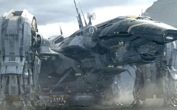 HD PC desktop wallpaper featuring a detailed spaceship from the movie Prometheus against a misty, rugged landscape backdrop.