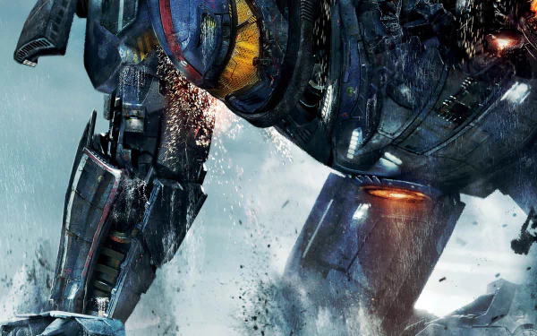 HD PC desktop wallpaper featuring a close-up of a giant Jaeger robot from the movie Pacific Rim, showcasing detailed mechanical parts and sparks in action.