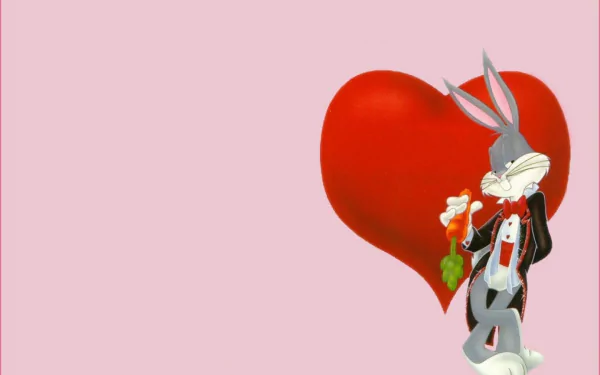 HD PC desktop wallpaper featuring Bugs Bunny from the Looney Tunes TV show, standing with a rose in front of a large red heart on a pink background.