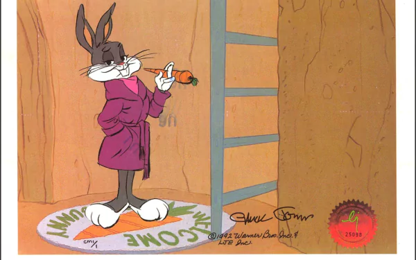 HD PC desktop wallpaper featuring Bugs Bunny from the Looney Tunes TV show, standing confidently in a robe holding a carrot.