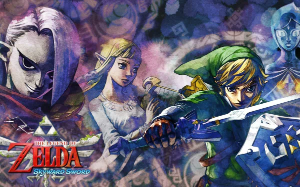 HD PC desktop wallpaper featuring characters from the video game The Legend of Zelda: Skyward Sword, showcasing Link, Zelda, and other iconic figures in dynamic poses.