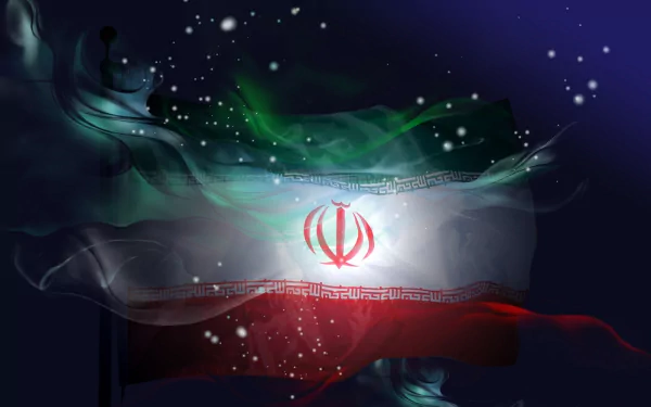 HD PC desktop wallpaper featuring a stylized Iranian flag with flowing colors and glowing effects against a dark, starry background.