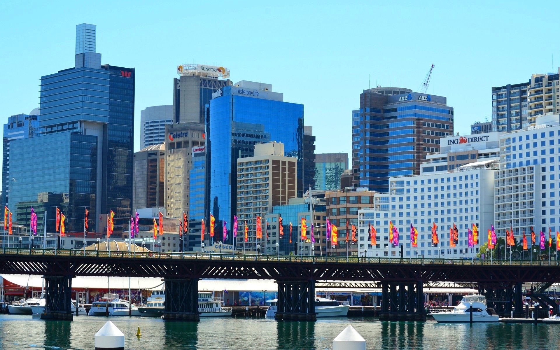 Pyrmont Bridge, a man-made span across Darling Harbour in Sydney, Australia, with colorful flags and modern city buildings under a clear blue sky.