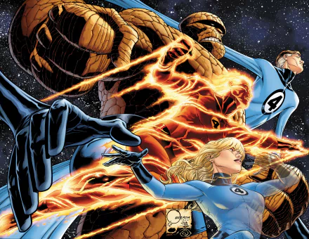A dynamic HD wallpaper featuring the Fantastic Four: Susan Storm, Reed Richards, Johnny Storm, and Ben Grimm, showcasing their iconic powers in vivid comic art.