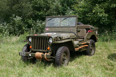 An HD desktop wallpaper featuring a vintage Jeep parked on a grassy field with a backdrop of dense trees. The Jeep has an olive-green color and military markings.