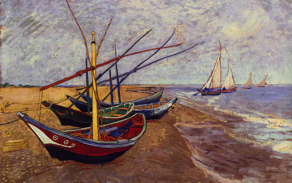 Artistic Vincent Van Gogh painting of colorful boats on a beach by the sea, featured as an HD PC desktop wallpaper and background.